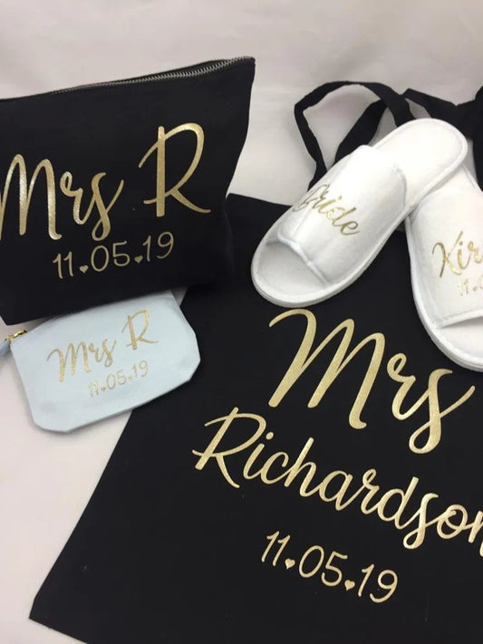 Bridal Party Bundle - Bride Slippers - Bride Bag - Bride Satin Gown- Personalised Bride Bag - Bride Make Up Bag - Personalised Wedding Gift